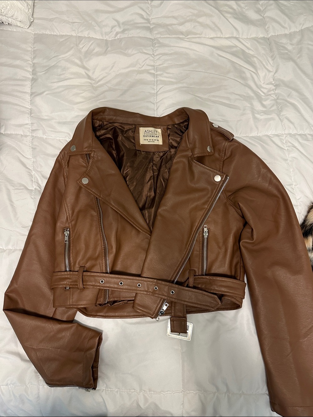 Ashley By 26 International Chestnut Brown Cropped Faux Leather Moto Jacket